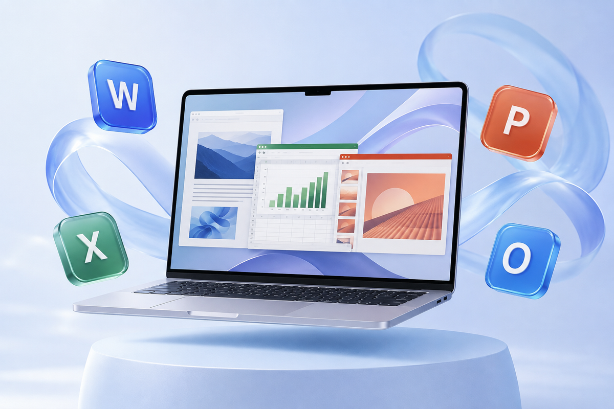 MacBook with creative documents and colourful Word, Excel, PowerPoint and Outlook symbols