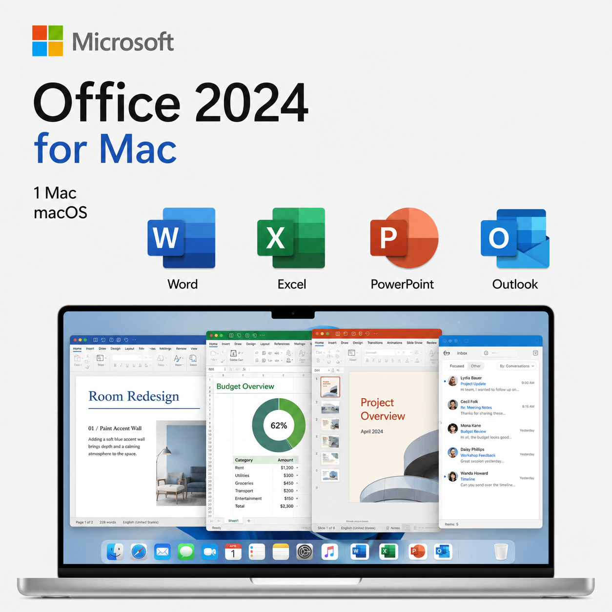 Microsoft Office 2024 for Mac with Word, Excel, PowerPoint and Outlook