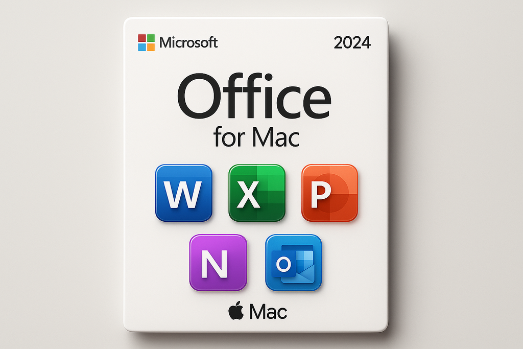 Microsoft Office for Mac 2024, include word, excel, powerpoint, onenote and outlook, like a package, highlight Mac, apple logo
